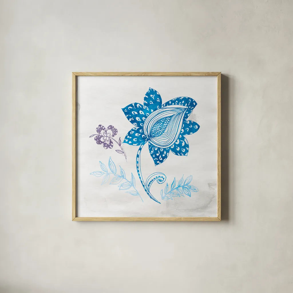 Eastern Boho I Peacock Blue by Wild Apple Portfolio. Shown in a natural wood glass frame for a timeless modern aesthetic. Available as an archival giclee rolled canvas, fine art paper, or poster print. SKU 37977a.