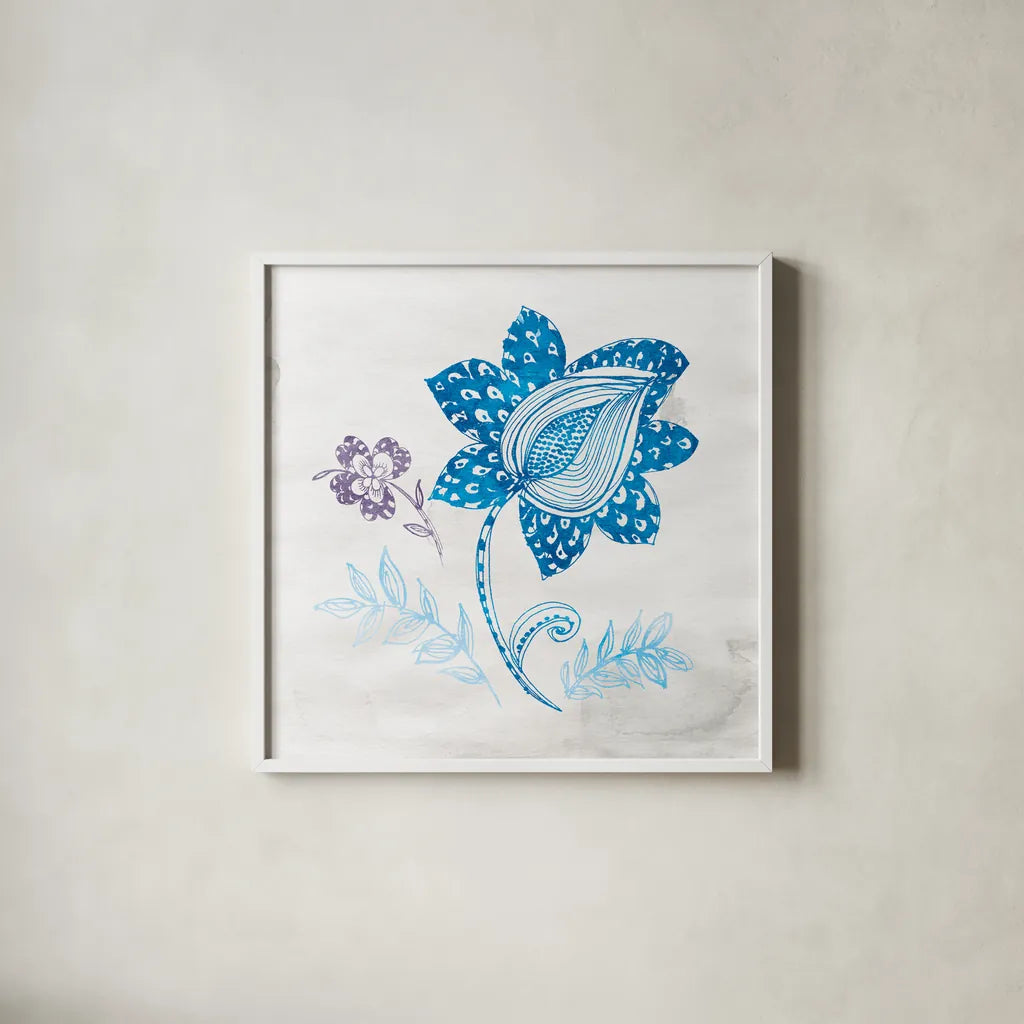 Eastern Boho I Peacock Blue by Wild Apple Portfolio. Shown in a crisp white glass frame for a clean and minimalist style. Available as an archival giclee rolled canvas, fine art paper, or poster print. SKU 37977a.
