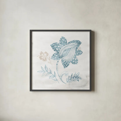 Eastern Boho I Teal by Wild Apple Portfolio. Shown in a sleek black glass frame for a contemporary gallery look. Available as an archival giclee rolled canvas, fine art paper, or poster print. SKU 37350a.
