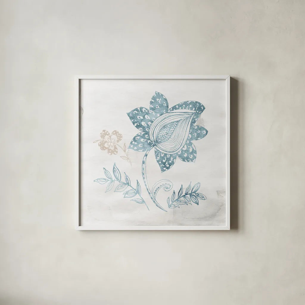 Eastern Boho I Teal by Wild Apple Portfolio. Shown in a crisp white glass frame for a clean and minimalist style. Available as an archival giclee rolled canvas, fine art paper, or poster print. SKU 37350a.
