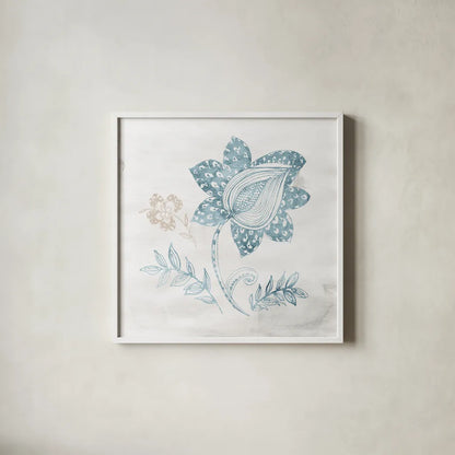Eastern Boho I Teal by Wild Apple Portfolio. Shown in a crisp white glass frame for a clean and minimalist style. Available as an archival giclee rolled canvas, fine art paper, or poster print. SKU 37350a.