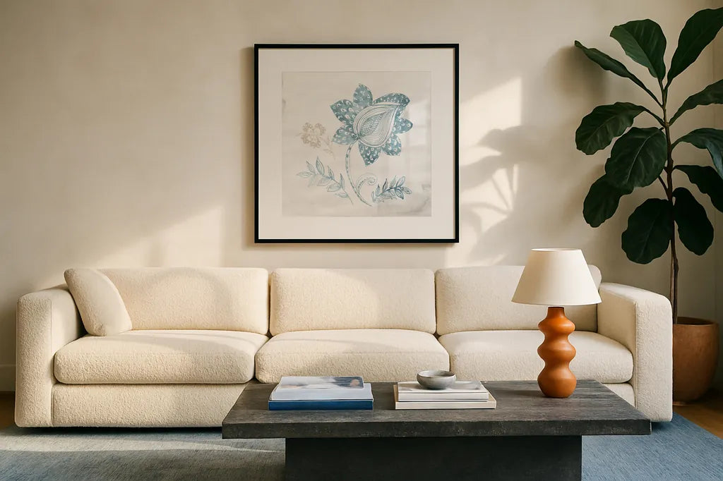 Eastern Boho I Teal by Wild Apple Portfolio. Displayed in a glass frame with matte in a clean modern living room. Available as an archival giclee rolled canvas, fine art paper, or poster print. SKU 37350a.