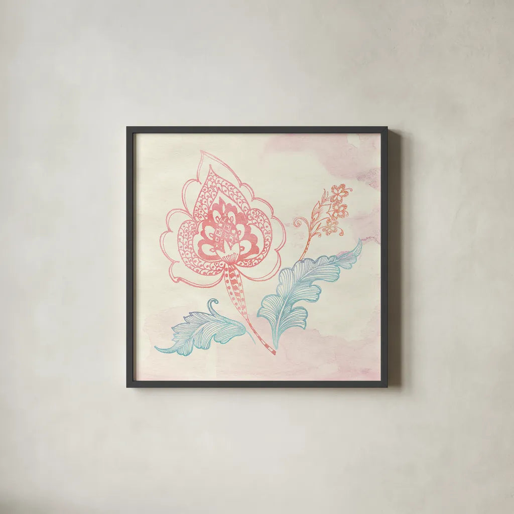 Eastern Boho II by Wild Apple Portfolio. Shown in a sleek black glass frame for a contemporary gallery look. Available as an archival giclee rolled canvas, fine art paper, or poster print. SKU 35356a.