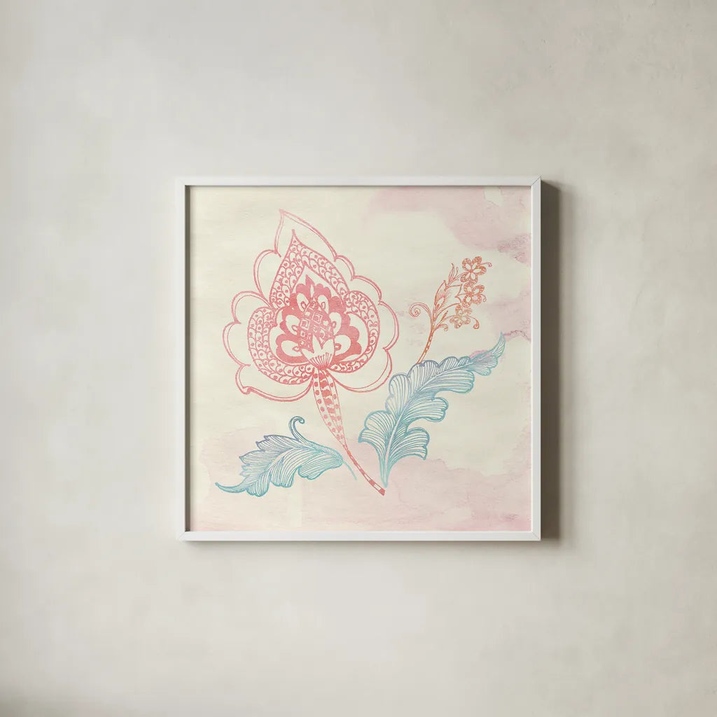 Eastern Boho II by Wild Apple Portfolio. Shown in a crisp white glass frame for a clean and minimalist style. Available as an archival giclee rolled canvas, fine art paper, or poster print. SKU 35356a.