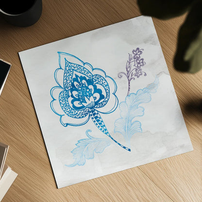 Eastern Boho II Peacock Blue by Wild Apple Portfolio. Shown as a detailed flat fine art print, highlighting archival giclee quality. Available as an archival giclee rolled canvas, fine art paper, or poster print. SKU 37978a.