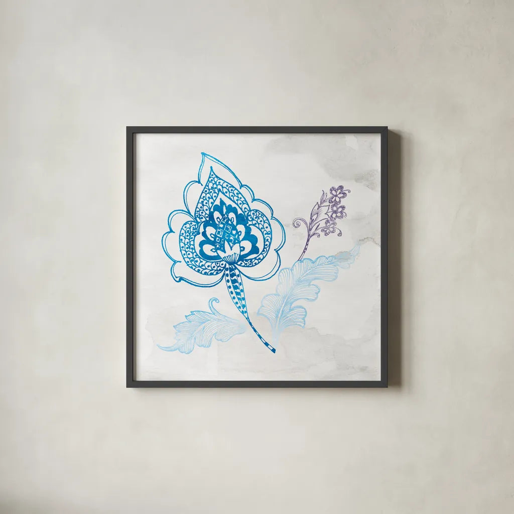 Eastern Boho II Peacock Blue by Wild Apple Portfolio. Shown in a sleek black glass frame for a contemporary gallery look. Available as an archival giclee rolled canvas, fine art paper, or poster print. SKU 37978a.