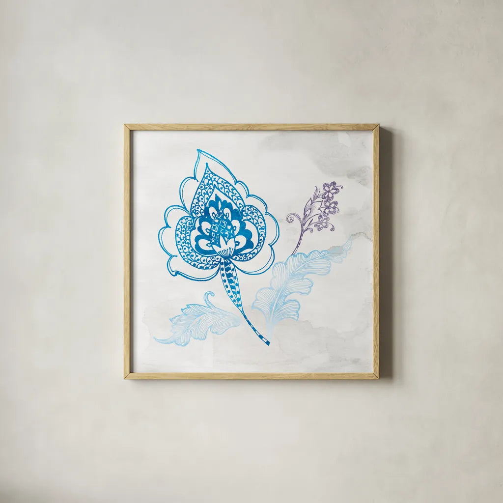 Eastern Boho II Peacock Blue by Wild Apple Portfolio. Shown in a natural wood glass frame for a timeless modern aesthetic. Available as an archival giclee rolled canvas, fine art paper, or poster print. SKU 37978a.