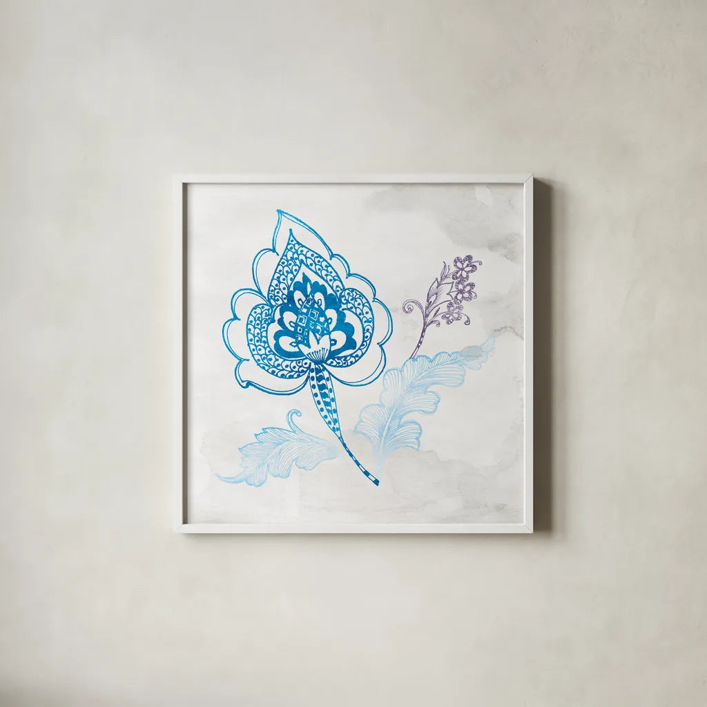 Eastern Boho II Peacock Blue by Wild Apple Portfolio. Shown in a crisp white glass frame for a clean and minimalist style. Available as an archival giclee rolled canvas, fine art paper, or poster print. SKU 37978a.