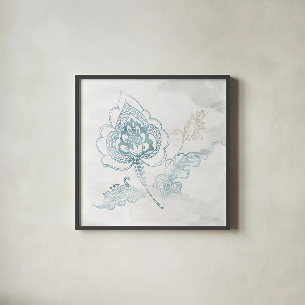 Eastern Boho II Teal by Wild Apple Portfolio. Shown in a sleek black glass frame for a contemporary gallery look. Available as an archival giclee rolled canvas, fine art paper, or poster print. SKU 37351a.