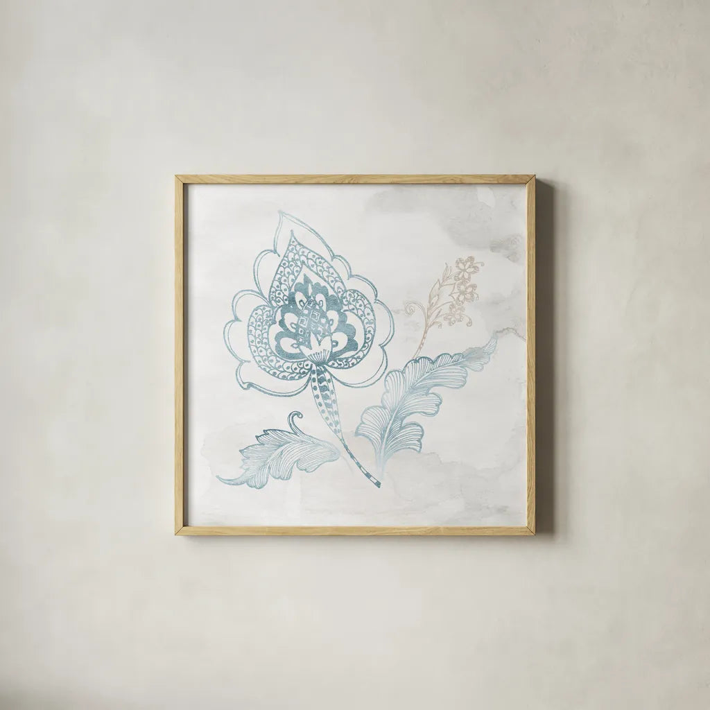 Eastern Boho II Teal by Wild Apple Portfolio. Shown in a natural wood glass frame for a timeless modern aesthetic. Available as an archival giclee rolled canvas, fine art paper, or poster print. SKU 37351a.
