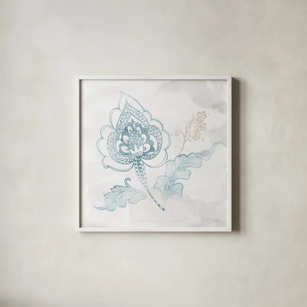 Eastern Boho II Teal by Wild Apple Portfolio. Shown in a crisp white glass frame for a clean and minimalist style. Available as an archival giclee rolled canvas, fine art paper, or poster print. SKU 37351a.