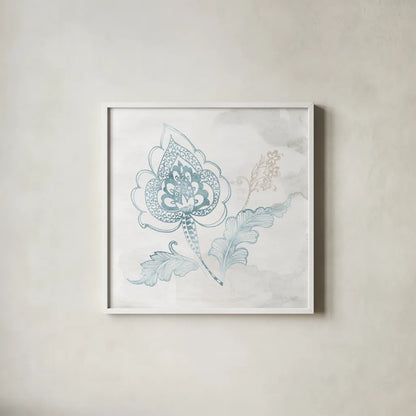 Eastern Boho II Teal by Wild Apple Portfolio. Shown in a crisp white glass frame for a clean and minimalist style. Available as an archival giclee rolled canvas, fine art paper, or poster print. SKU 37351a.