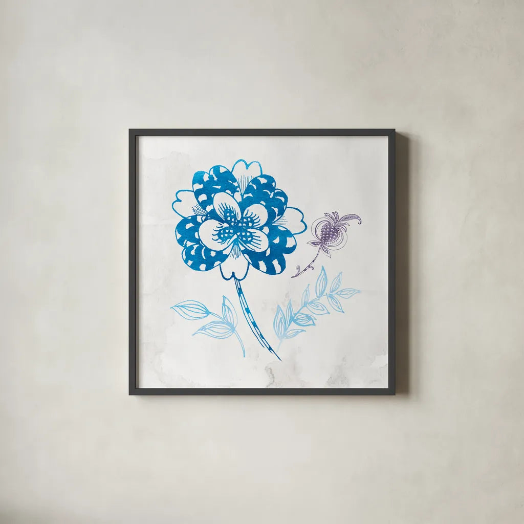 Eastern Boho III Peacock Blue by Wild Apple Portfolio. Shown in a sleek black glass frame for a contemporary gallery look. Available as an archival giclee rolled canvas, fine art paper, or poster print. SKU 37979a.