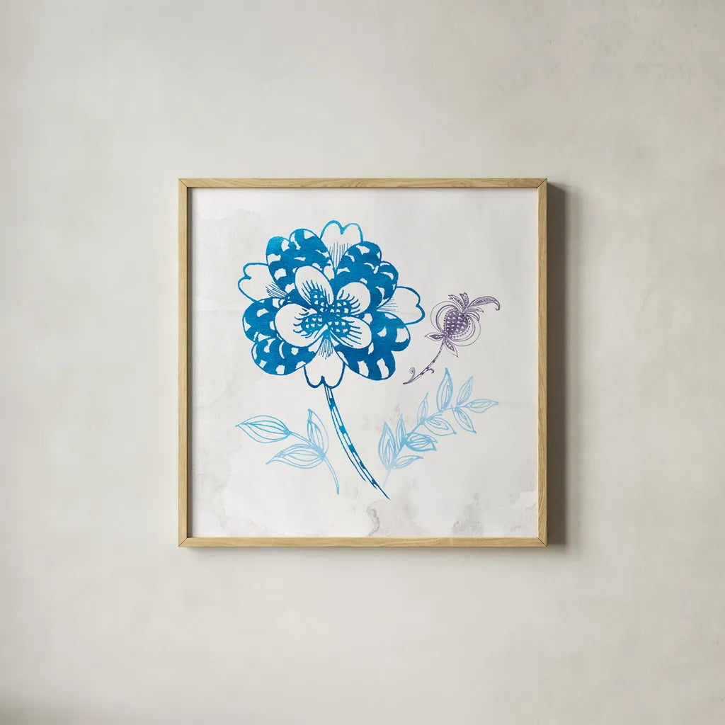 Eastern Boho III Peacock Blue by Wild Apple Portfolio. Shown in a natural wood glass frame for a timeless modern aesthetic. Available as an archival giclee rolled canvas, fine art paper, or poster print. SKU 37979a.