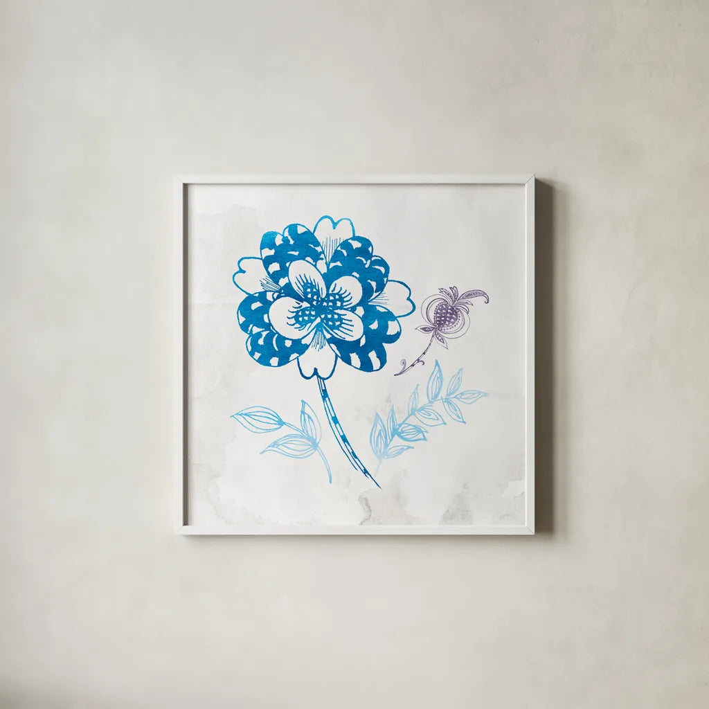 Eastern Boho III Peacock Blue by Wild Apple Portfolio. Shown in a crisp white glass frame for a clean and minimalist style. Available as an archival giclee rolled canvas, fine art paper, or poster print. SKU 37979a.