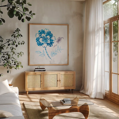 Eastern Boho III Peacock Blue by Wild Apple Portfolio. Shown in a natural wood frame in a cozy modern living room. Available as an archival giclee rolled canvas, fine art paper, or poster print. SKU 37979a.