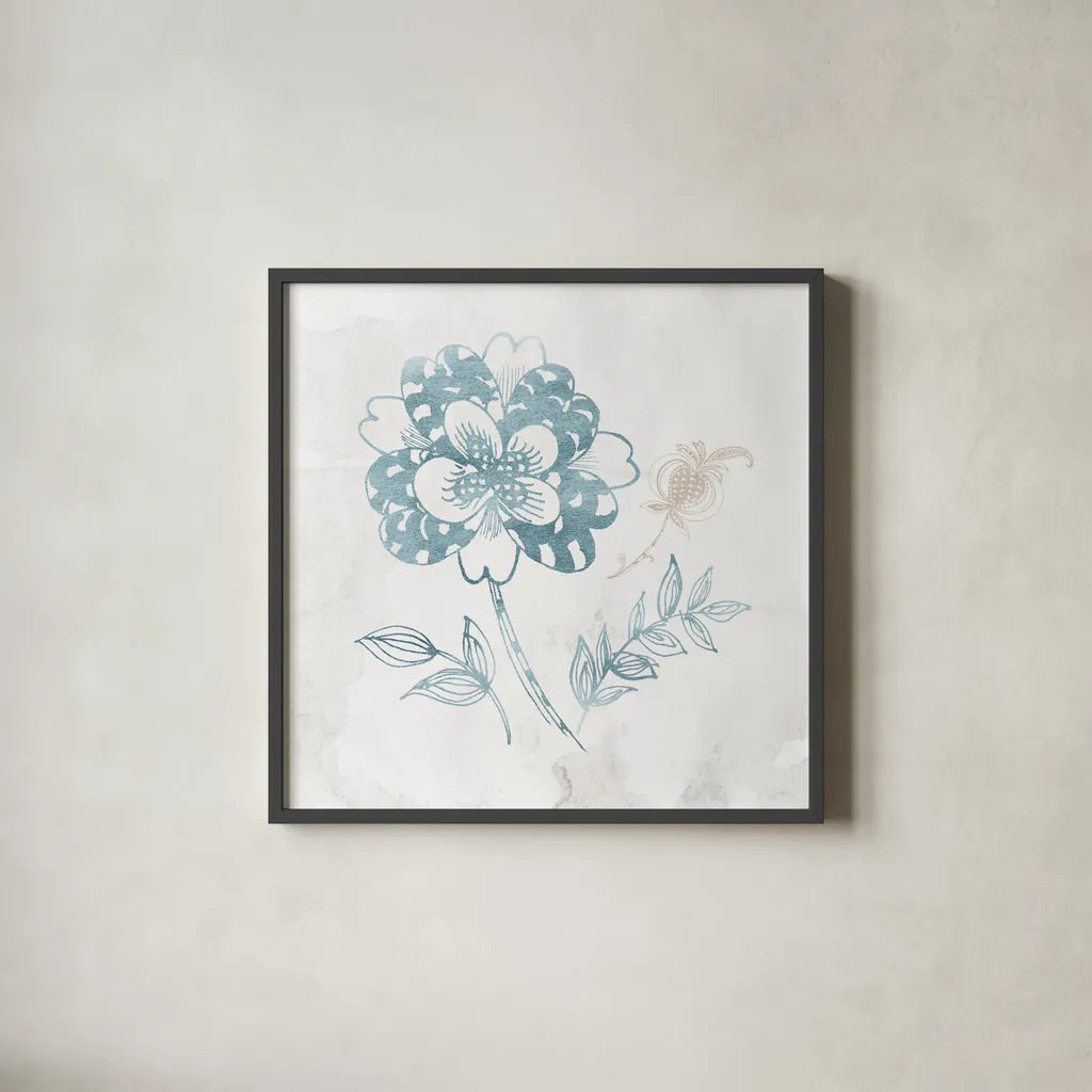 Eastern Boho III Teal by Wild Apple Portfolio. Shown in a sleek black glass frame for a contemporary gallery look. Available as an archival giclee rolled canvas, fine art paper, or poster print. SKU 37352a.
