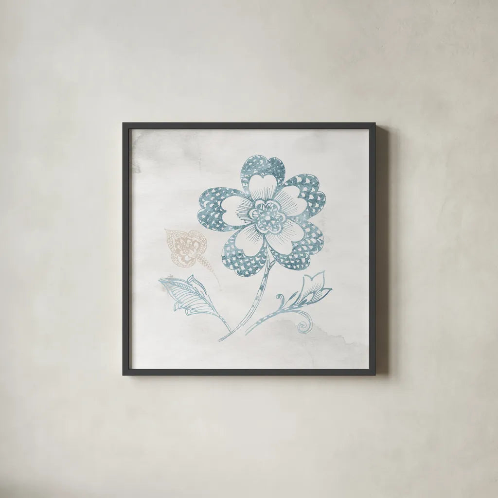 Eastern Boho IV Teal by Wild Apple Portfolio. Shown in a sleek black glass frame for a contemporary gallery look. Available as an archival giclee rolled canvas, fine art paper, or poster print. SKU 37353a.