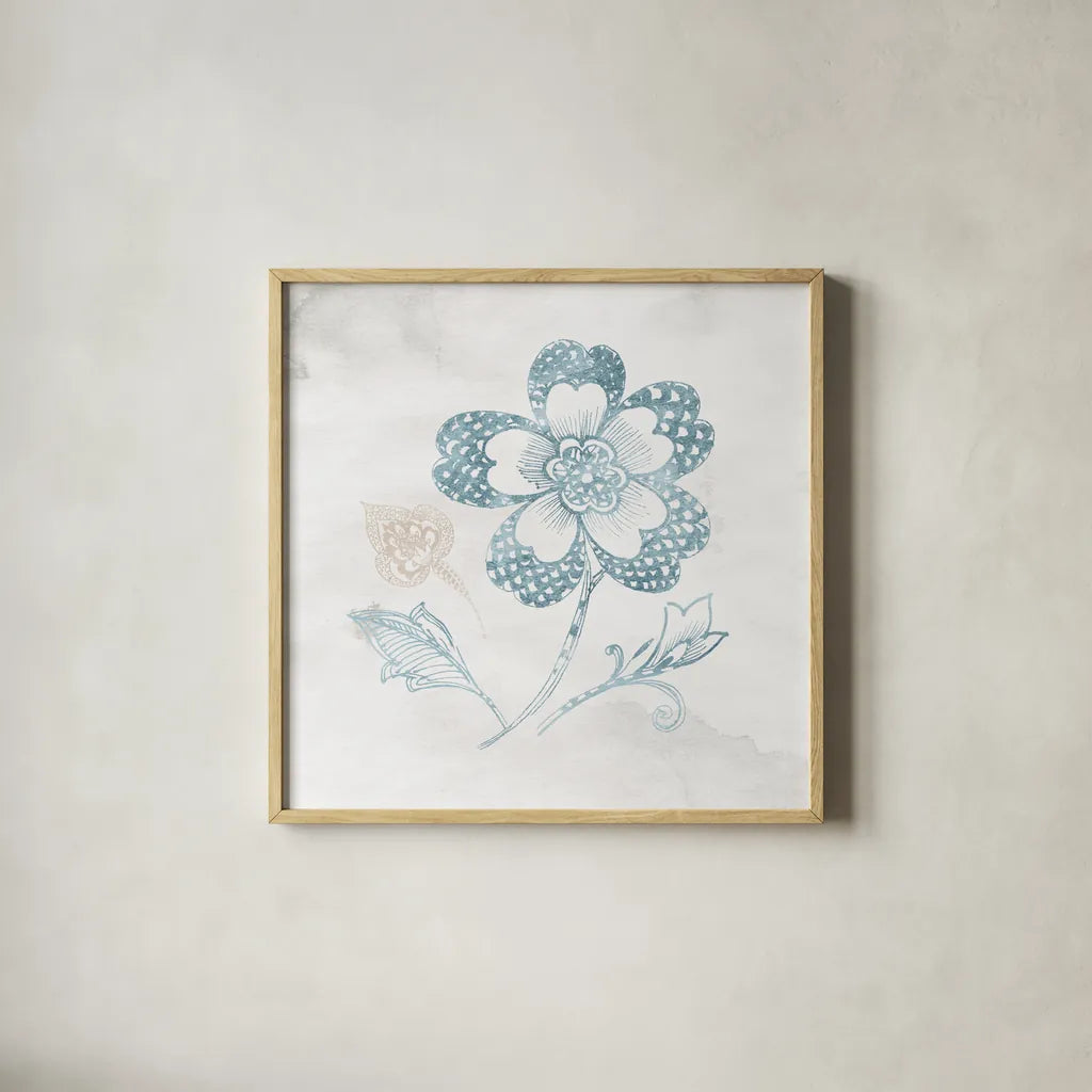 Eastern Boho IV Teal by Wild Apple Portfolio. Shown in a natural wood glass frame for a timeless modern aesthetic. Available as an archival giclee rolled canvas, fine art paper, or poster print. SKU 37353a.