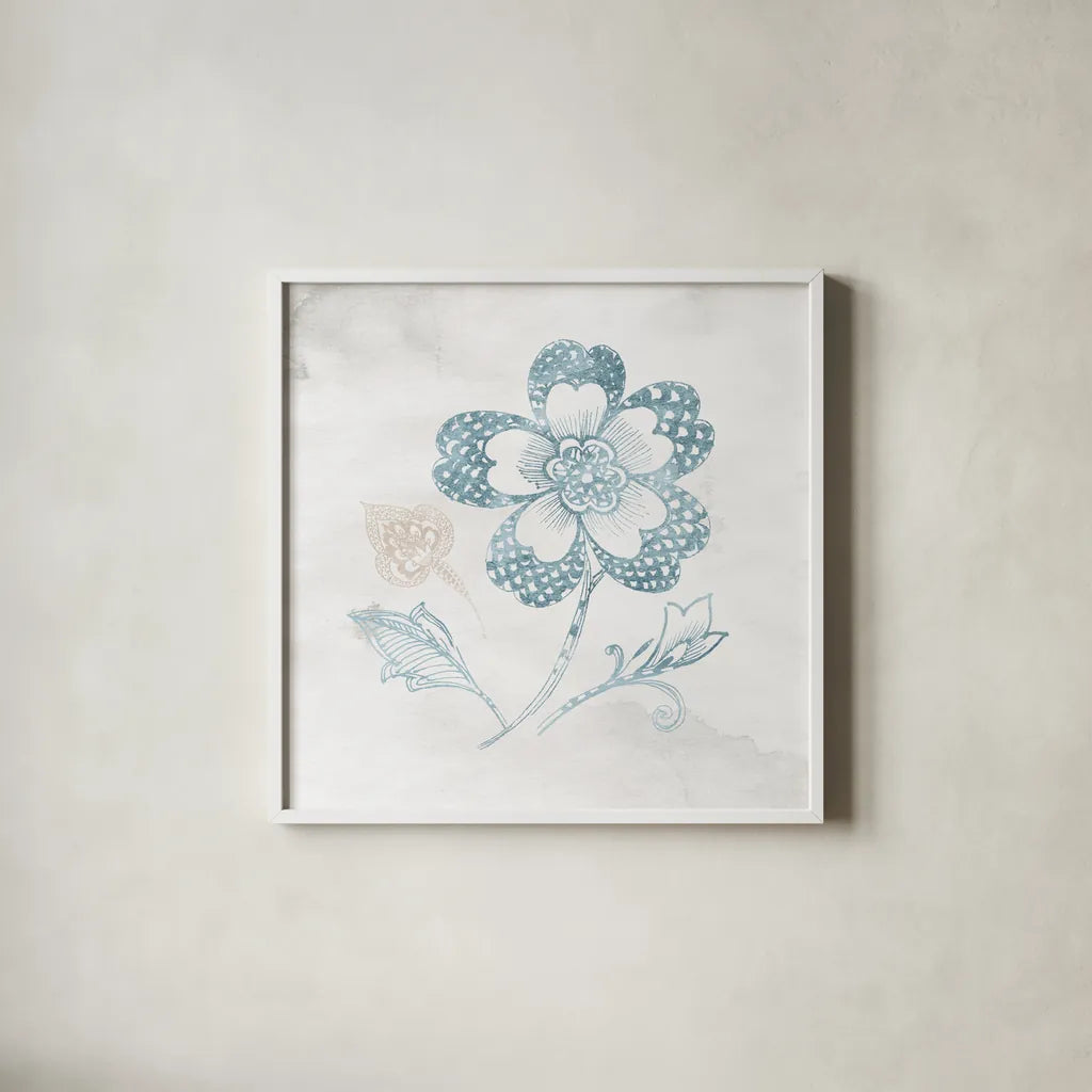 Eastern Boho IV Teal by Wild Apple Portfolio. Shown in a crisp white glass frame for a clean and minimalist style. Available as an archival giclee rolled canvas, fine art paper, or poster print. SKU 37353a.