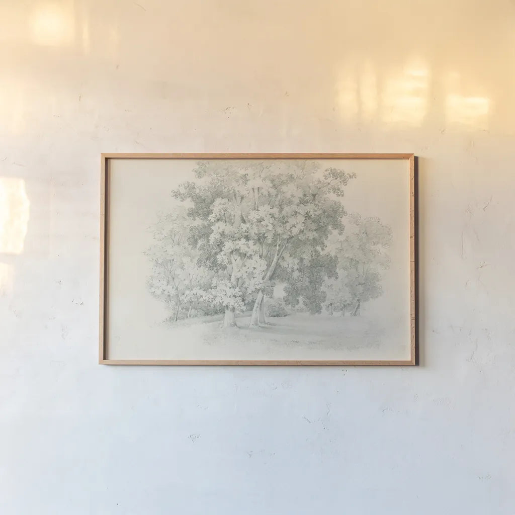 Edge of the Woods Sketch by Wild Apple Portfolio. shown as a paper print in a natural frame. Available as a archival giclee rolled canvas, fine art paper, or poster print. SKU 59697i.