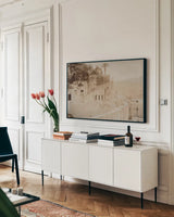 Egypt Postcard I by Wild Apple Portfolio. shown as a framed stretched canvas in a living room above a console. Available as a archival giclee rolled canvas, fine art paper, or poster print. SKU 71178i.