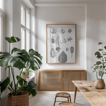 Elements of Botany III by Wild Apple Portfolio. shown as a print in a natural wood frame in a dining room. Available as a archival giclee rolled canvas, fine art paper, or poster print. SKU 39002h.