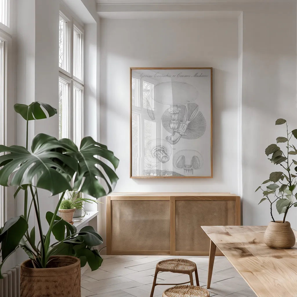 Elements of Botany XII by Wild Apple Portfolio. shown as a print in a natural wood frame in a dining room. Available as a archival giclee rolled canvas, fine art paper, or poster print. SKU 39011h.