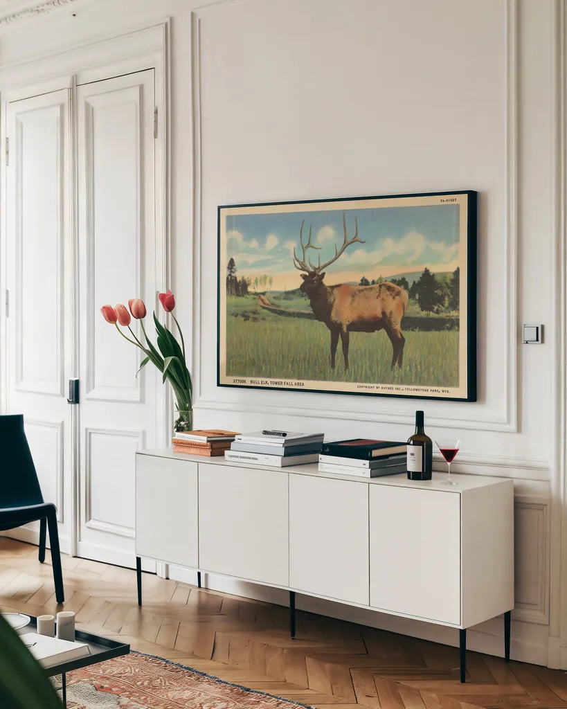 Elk I Crop by Wild Apple Portfolio. shown as a framed stretched canvas in a living room above a console. Available as a archival giclee rolled canvas, fine art paper, or poster print. SKU 70115i.