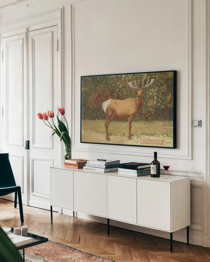 Elk II by Wild Apple Portfolio. shown as a framed stretched canvas in a living room above a console. Available as a archival giclee rolled canvas, fine art paper, or poster print. SKU 96707i.