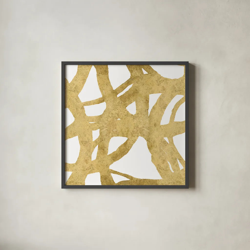 Endless Circles Front Gold II by Wild Apple Portfolio. Shown in a sleek black glass frame for a contemporary gallery look. Available as an archival giclee rolled canvas, fine art paper, or poster print. SKU 32244a.