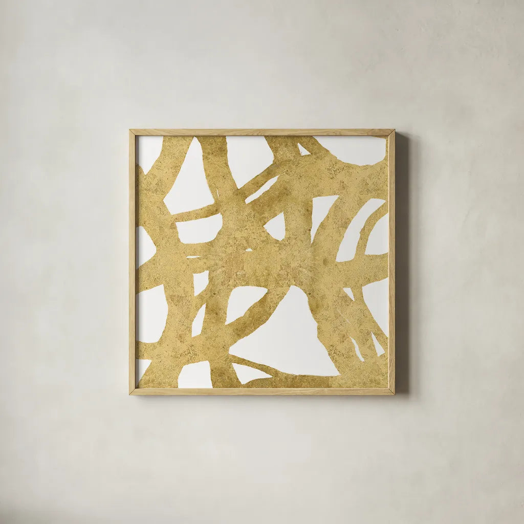 Endless Circles Front Gold II by Wild Apple Portfolio. Shown in a natural wood glass frame for a timeless modern aesthetic. Available as an archival giclee rolled canvas, fine art paper, or poster print. SKU 32244a.