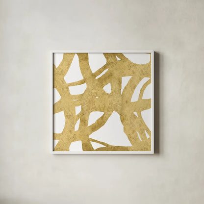 Endless Circles Front Gold II by Wild Apple Portfolio. Shown in a crisp white glass frame for a clean and minimalist style. Available as an archival giclee rolled canvas, fine art paper, or poster print. SKU 32244a.