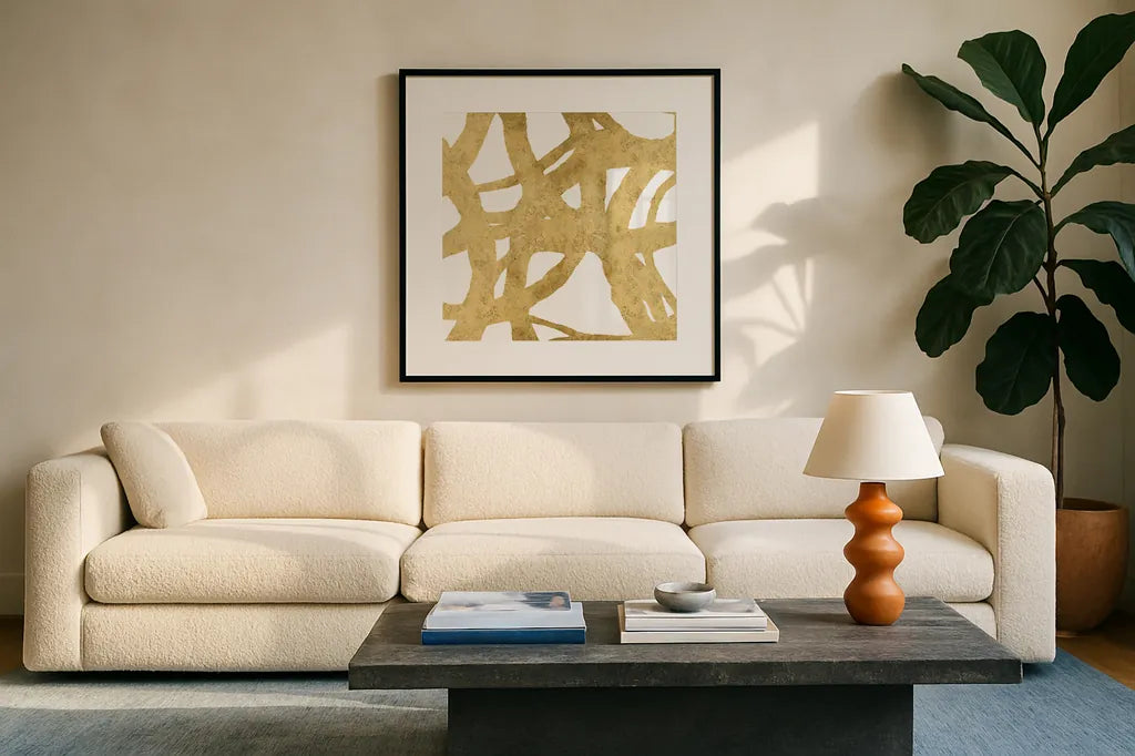 Endless Circles Front Gold II by Wild Apple Portfolio. Displayed in a glass frame with matte in a clean modern living room. Available as an archival giclee rolled canvas, fine art paper, or poster print. SKU 32244a.