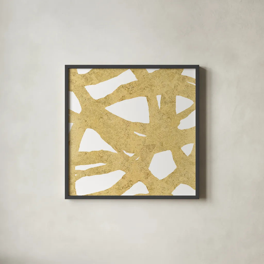 Endless Circles Front Gold III by Wild Apple Portfolio. Shown in a sleek black glass frame for a contemporary gallery look. Available as an archival giclee rolled canvas, fine art paper, or poster print. SKU 32245a.