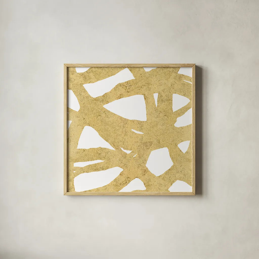 Endless Circles Front Gold III by Wild Apple Portfolio. Shown in a natural wood glass frame for a timeless modern aesthetic. Available as an archival giclee rolled canvas, fine art paper, or poster print. SKU 32245a.