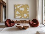 Endless Circles Front Gold III by Wild Apple Portfolio. Shown as extra-large giant wall art in a modern living room. Available as an archival giclee rolled canvas, fine art paper, or poster print. SKU 32245a.