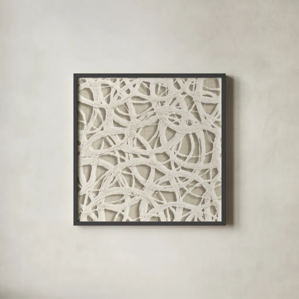 Endless Circles Front Linen by Wild Apple Portfolio. Shown in a sleek black glass frame for a contemporary gallery look. Available as an archival giclee rolled canvas, fine art paper, or poster print. SKU 52850a.