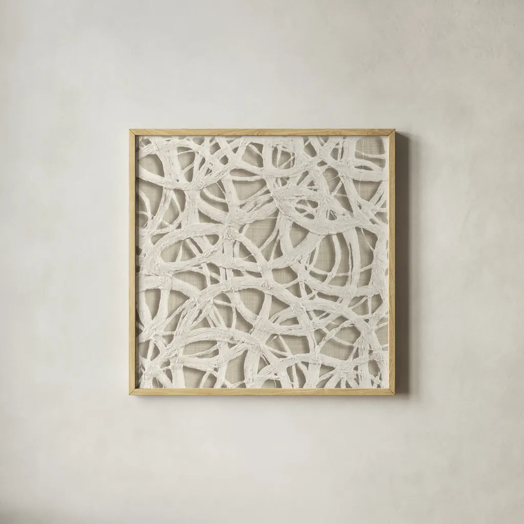 Endless Circles Front Linen by Wild Apple Portfolio. Shown in a natural wood glass frame for a timeless modern aesthetic. Available as an archival giclee rolled canvas, fine art paper, or poster print. SKU 52850a.