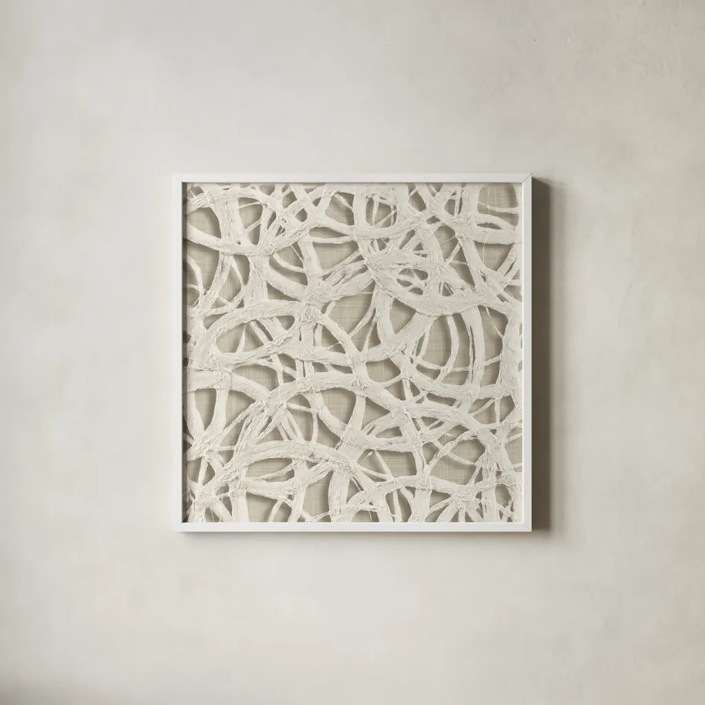 Endless Circles Front Linen by Wild Apple Portfolio. Shown in a crisp white glass frame for a clean and minimalist style. Available as an archival giclee rolled canvas, fine art paper, or poster print. SKU 52850a.