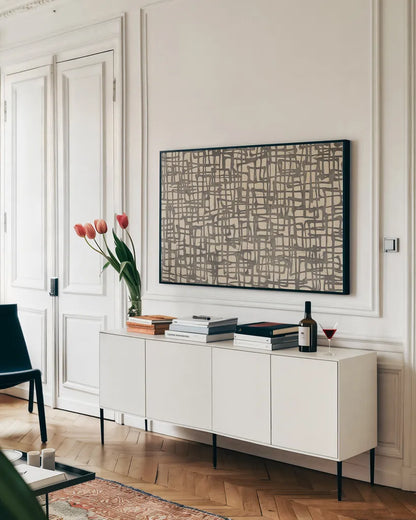 Endless Squares Natural by Wild Apple Portfolio. shown as a framed stretched canvas in a living room above a console. Available as a archival giclee rolled canvas, fine art paper, or poster print. SKU 69138i.