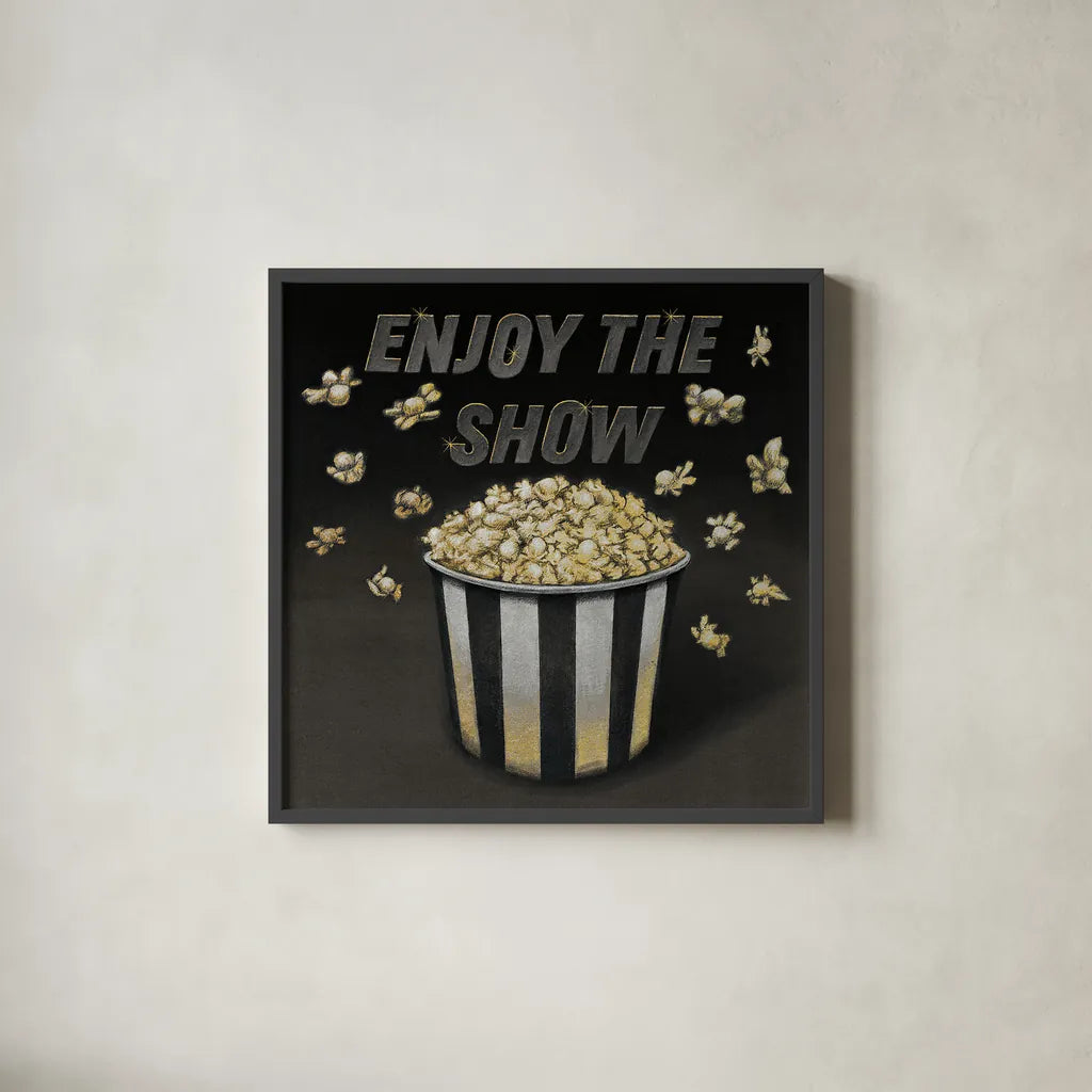 Enjoy the Show by Wild Apple Portfolio. Shown in a sleek black glass frame for a contemporary gallery look. Available as an archival giclee rolled canvas, fine art paper, or poster print. SKU 21554a.