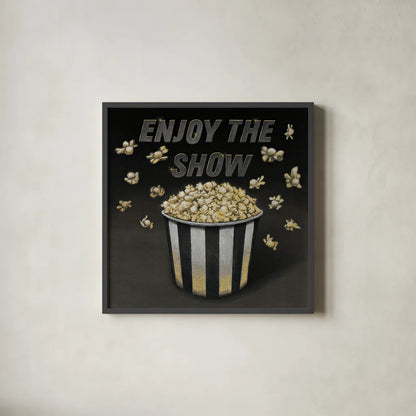 Enjoy the Show by Wild Apple Portfolio. Shown in a sleek black glass frame for a contemporary gallery look. Available as an archival giclee rolled canvas, fine art paper, or poster print. SKU 21554a.