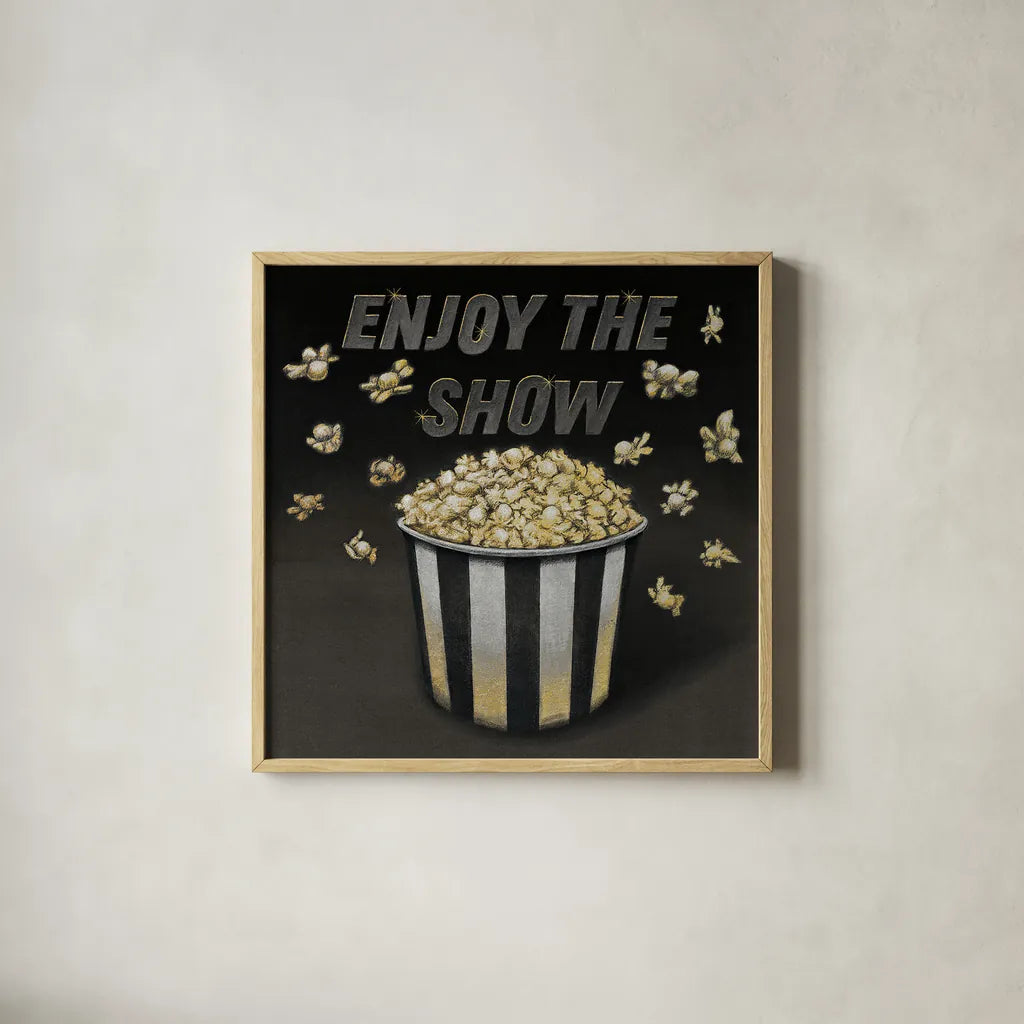 Enjoy the Show by Wild Apple Portfolio. Shown in a natural wood glass frame for a timeless modern aesthetic. Available as an archival giclee rolled canvas, fine art paper, or poster print. SKU 21554a.