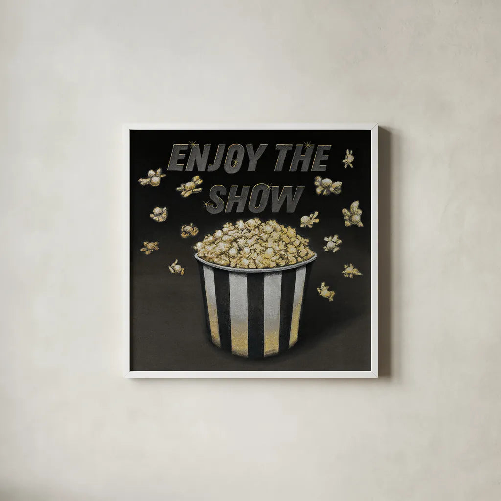 Enjoy the Show by Wild Apple Portfolio. Shown in a crisp white glass frame for a clean and minimalist style. Available as an archival giclee rolled canvas, fine art paper, or poster print. SKU 21554a.