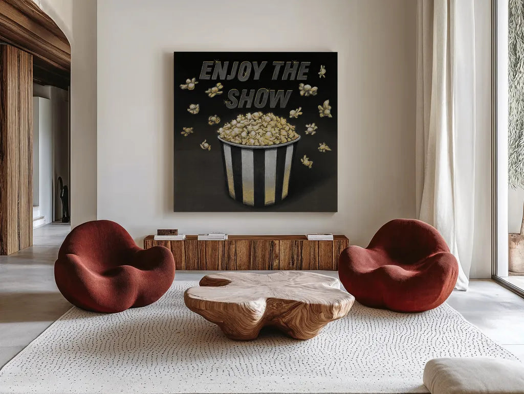 Enjoy the Show by Wild Apple Portfolio. Shown as extra-large giant wall art in a modern living room. Available as an archival giclee rolled canvas, fine art paper, or poster print. SKU 21554a.