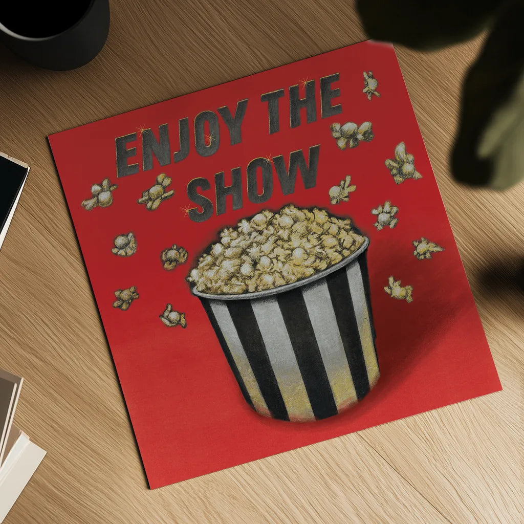 Enjoy the Show Red by Wild Apple Portfolio. Shown as a detailed flat fine art print, highlighting archival giclee quality. Available as an archival giclee rolled canvas, fine art paper, or poster print. SKU 52831a.