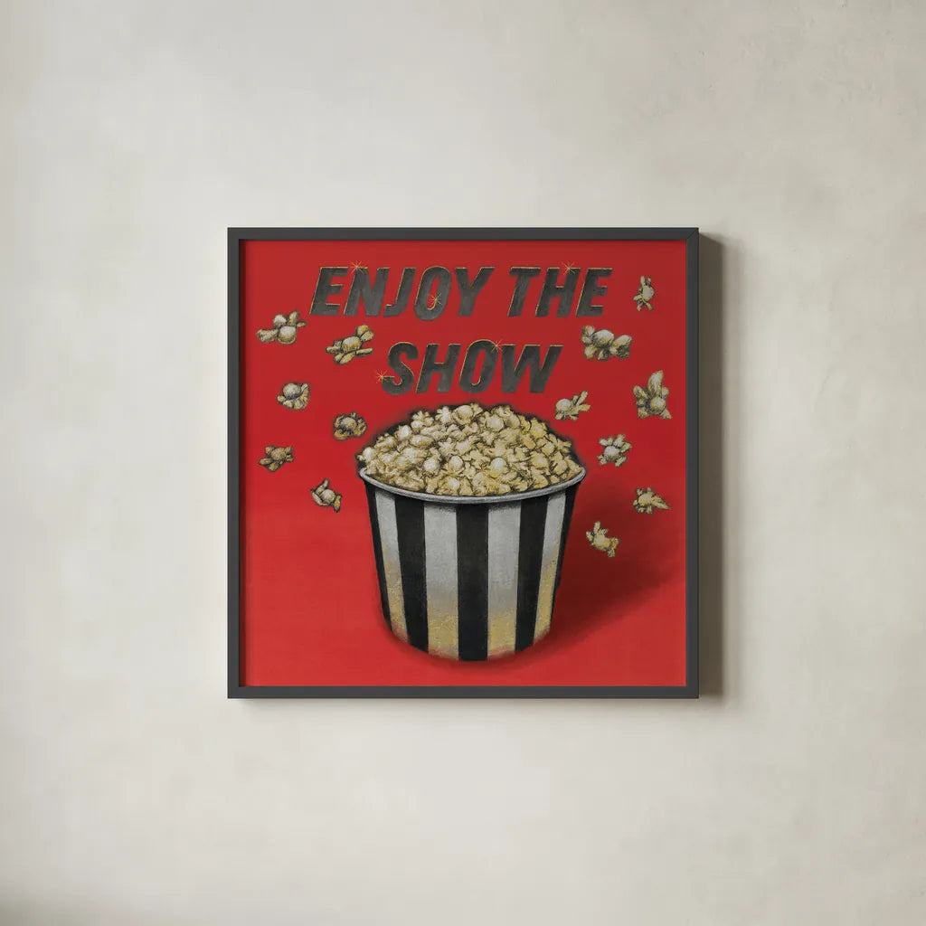 Enjoy the Show Red by Wild Apple Portfolio. Shown in a sleek black glass frame for a contemporary gallery look. Available as an archival giclee rolled canvas, fine art paper, or poster print. SKU 52831a.