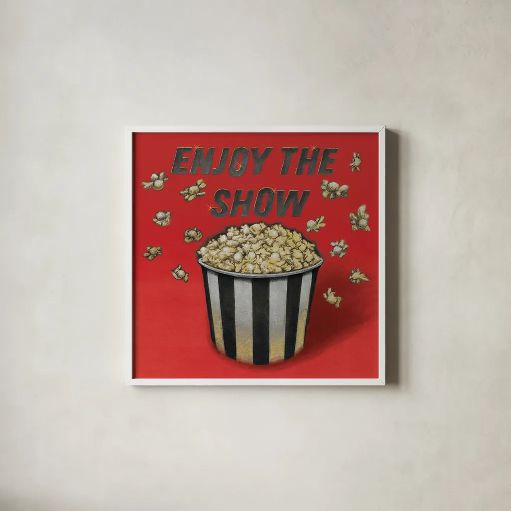 Enjoy the Show Red by Wild Apple Portfolio. Shown in a crisp white glass frame for a clean and minimalist style. Available as an archival giclee rolled canvas, fine art paper, or poster print. SKU 52831a.