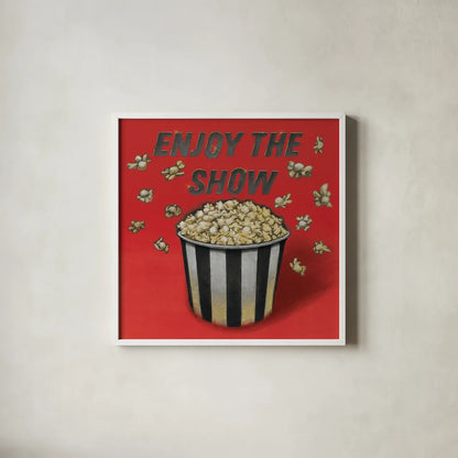 Enjoy the Show Red by Wild Apple Portfolio. Shown in a crisp white glass frame for a clean and minimalist style. Available as an archival giclee rolled canvas, fine art paper, or poster print. SKU 52831a.